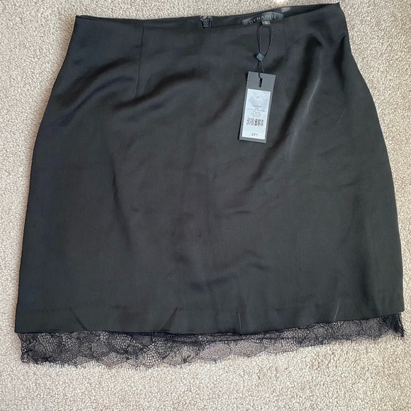 Satin Mini Skirt with Lace Detail in Jet Black - Picture 1 of 6